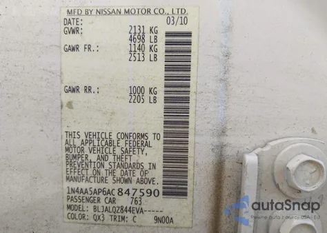 2010 Nissan Maxima 3.5 S z USA, uszkodzony, nr VIN 1N4AA5AP6AC847590